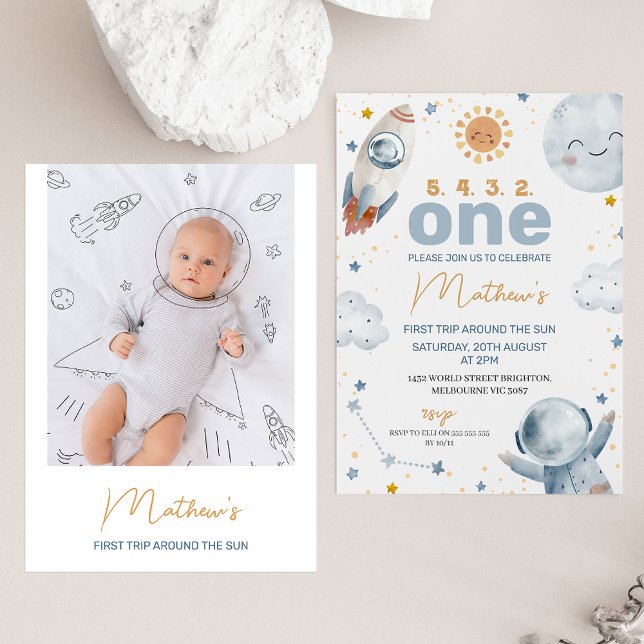 Sun First Trip Around the Sun Photo 1st Birthday  Invitation (First trip around the sun boy's birthday invitation featuring a small sun and photo on the back.)