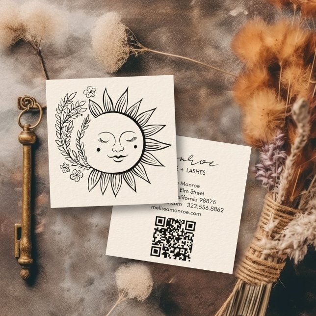 Sun Floral Boho Line Art Elegant QR Code Cream Square Business Card (Custom business cards with QR code, decorated with a sun and floral pattern. Add your own details)