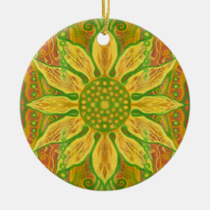Sun Flower bohemian floral art yellow green orange Ceramic Ornament