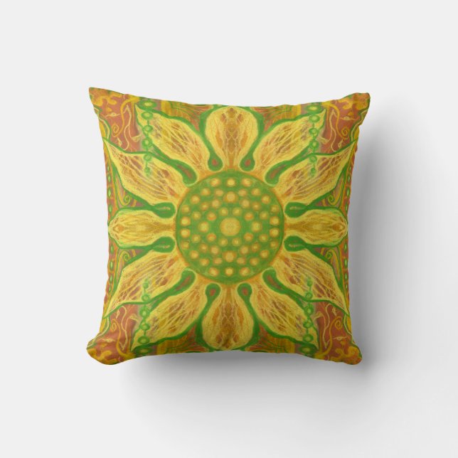 Sun Flower bohemian floral art yellow green orange Cushion (Front)