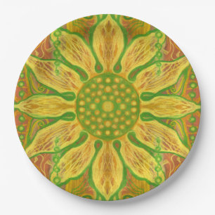 Sun Flower bohemian floral art yellow green orange Paper Plate