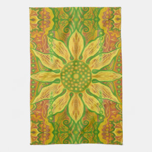 Sun Flower bohemian floral art yellow green orange Tea Towel