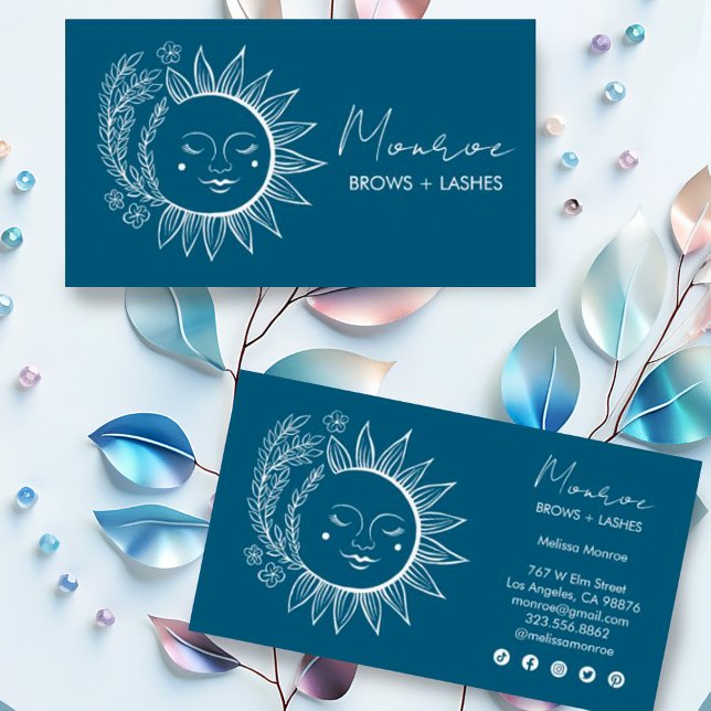Sun Flower Boho Line Art Elegant Blue Social Icons Business Card (Hand drawn suns with botanical elements decorate these custom business cards with social media icons)