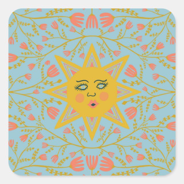 Sun & Flowering Vines Pattern Blue Square Sticker (Front)