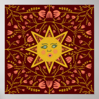 Sun & Flowering Vines Pattern Boho Burgundy