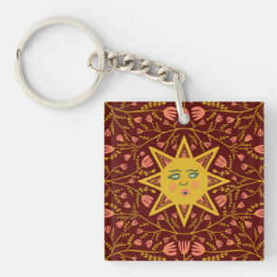 Sun & Flowering Vines Pattern Boho Key Ring