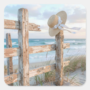 Sun Hat On a Beach Fence Square Sticker