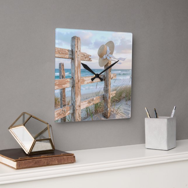 Sun Hat On a Beach Fence Square Wall Clock (Office)
