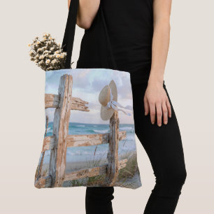 Sun Hat On a Beach Fence Tote Bag