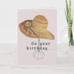 Sun Hat rhinestones & straw bouquet birthday card