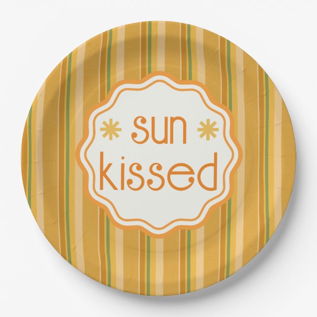 Sun Kissed Golden Yellow Orange Green Rust Stripe  Paper Plate (Front)
