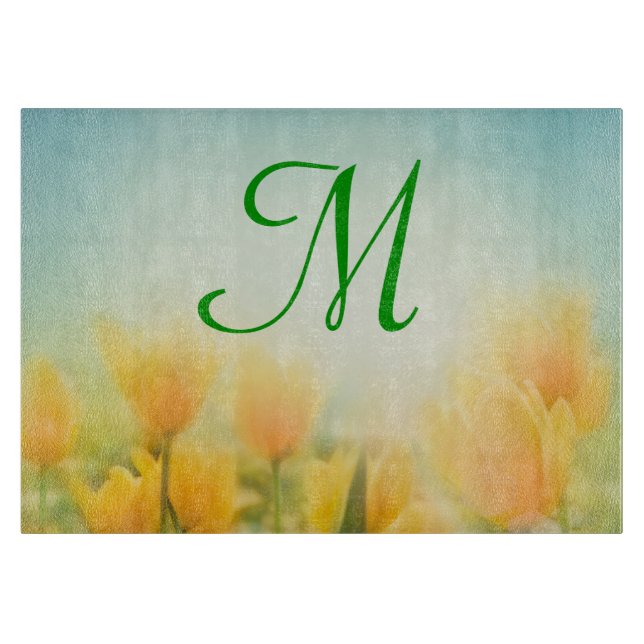 Sun Kissed Tulips Monogram Glass Cutting Board (Front)