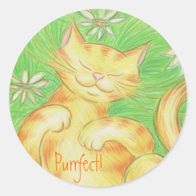 Sun Lover 'Purrfect!' sticker round (Front)
