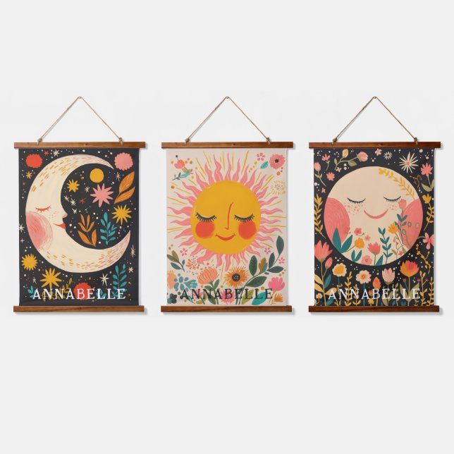 Sun & Moon Boho Floral Illustration First Names Hanging Tapestry (Triple)