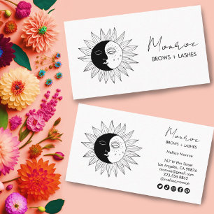 Sun & Moon Boho Line Art Elegant B&W Social Icons Business Card
