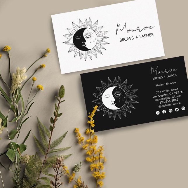 Sun & Moon Boho Line Art Elegant B&W Social Icons Business Card (hand-drawn sun and moon image decorates these custom business cards. Change the text and colors)