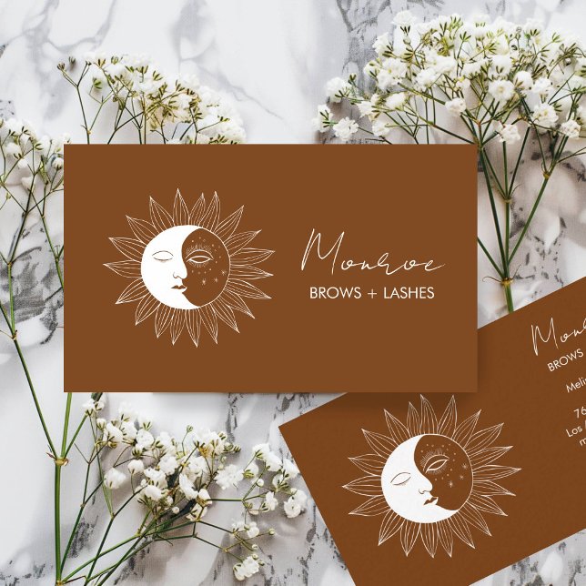 Sun & Moon Boho Line Art Elegant Earthy Social Business Card (Sun & Moon Boho Line Art Elegant Earthy Social Media Icons Business Card Brown
)