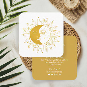 Sun & Moon Boho Line Art Elegant Gold Social Icons Square Business Card