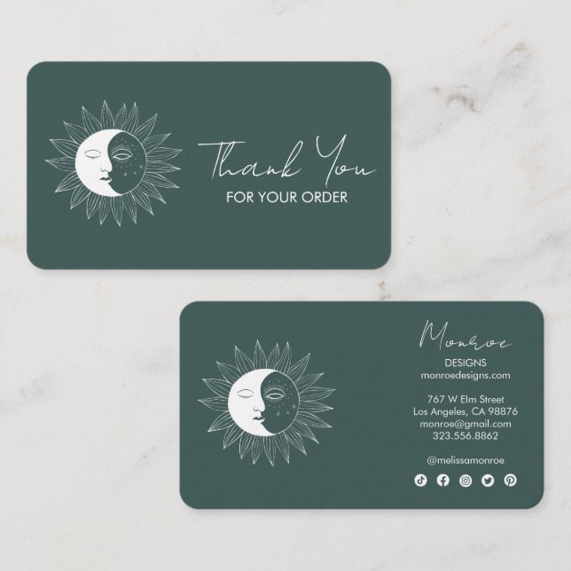 Sun & Moon Boho Social Icons Order Thank You Sage Business Card (Front/Back)