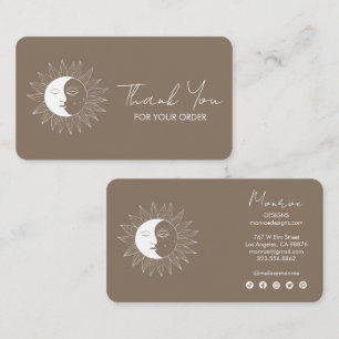 Sun & Moon Boho Social Icons Order Thank You Taupe Business Card