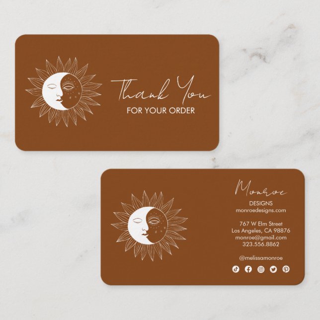 Sun & Moon Boho Social Icons Order ThankYou Earthy Business Card (Front/Back)
