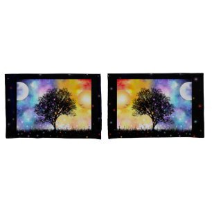 sun moon cosmic sunset with black tree pillowcase
