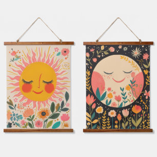 Sun & Moon Cute Boho Floral Illustration Hanging Tapestry