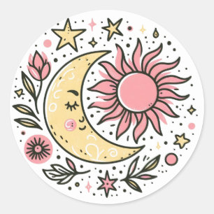 Sun Moon Floral Pink Yellow Zodiac Astrological Classic Round Sticker