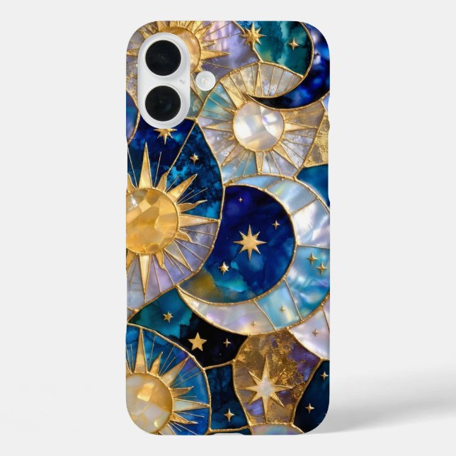 Sun Moon iPhone Case Stained Glass Blue Gold (Back)
