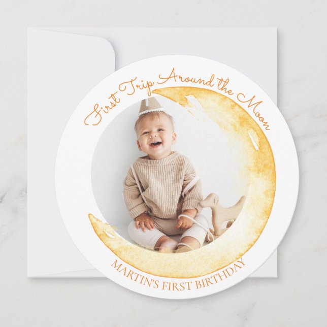  Sun | Moon Photo Kids Birthday Orange Invitation (Front)