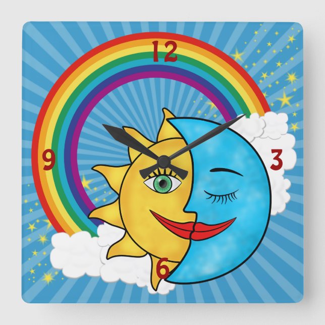 Sun Moon Rainbow Stars Square Wall Clock (Front)