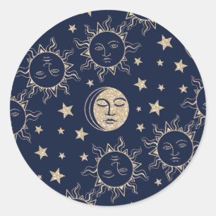 Sun & Moon Retro Magic Navy Blue Vintage Celestial Classic Round Sticker