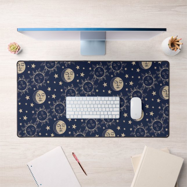Sun & Moon Retro Magic Navy Blue Vintage Celestial Desk Mat (Office 1)