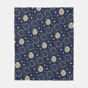Sun & Moon Retro Magic Navy Blue Vintage Celestial Fleece Blanket