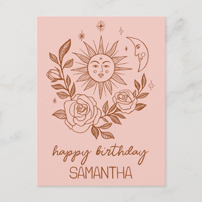 Sun Moon & Roses Boho Magical CUSTOM NAME BIRTHDAY Postcard (Front)