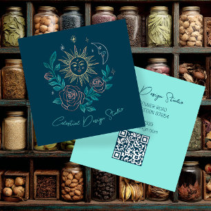 Sun Moon & Roses Magical Boho Colourful CUSTOM QR Square Business Card