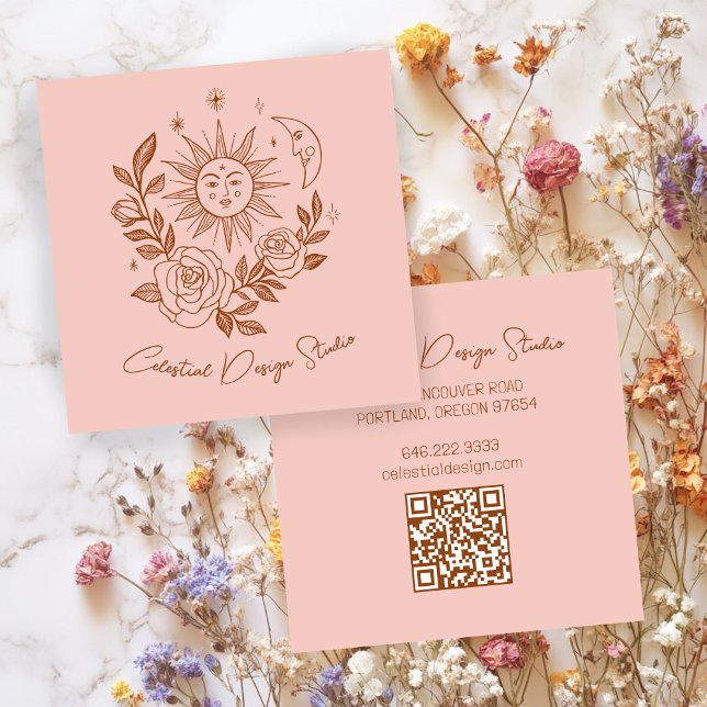 Sun Moon & Roses Magical Boho Earthy CUSTOM QR  Square Business Card (Sun Moon & Roses Magical Boho Earthy CUSTOM QR Square Business Card
)