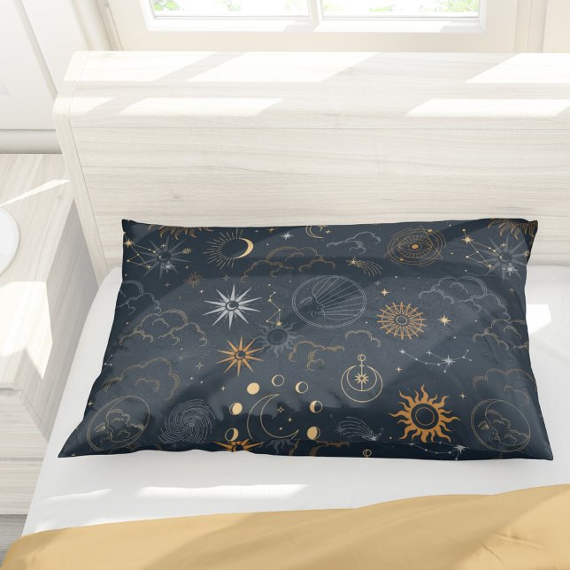 Sun Moon Stars Dark Celestial Pattern Pillowcase (Creator Uploaded)
