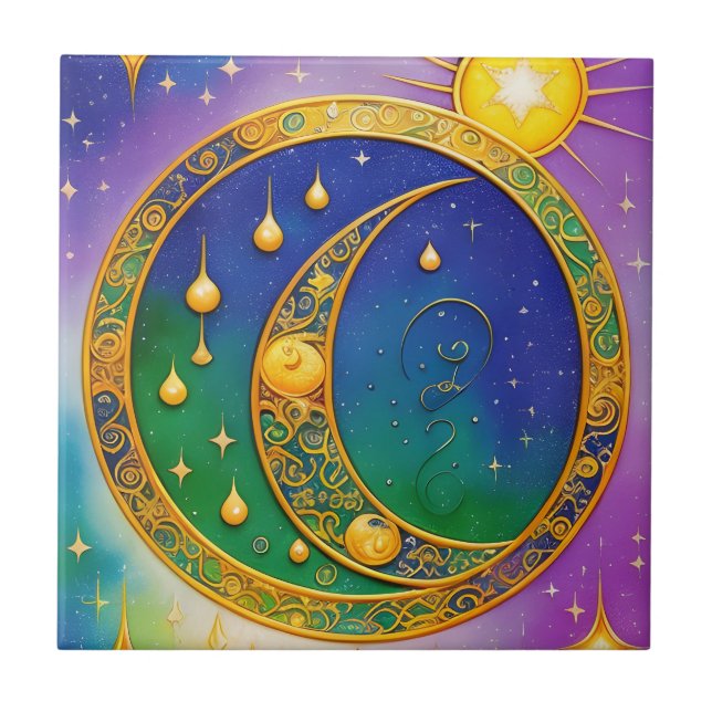 Sun, Moon, Stars, Filigreed Jewel Colours Ceramic Tile (Front)
