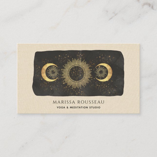 Sun Moon Stars Gold Black Cream Yoga Studio Business Card (Front)