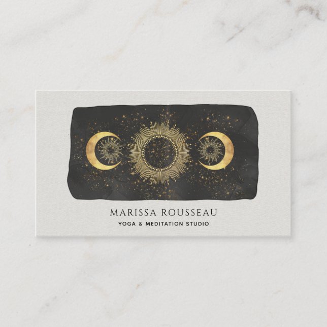 Sun Moon Stars Gold Black Yoga Studio Business Car Business Card (Front)