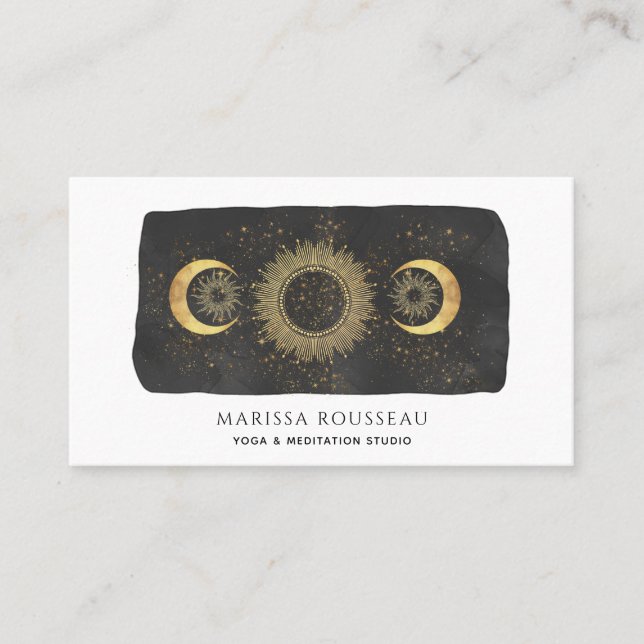 Sun Moon Stars Gold Black Yoga Studio Business Card (Front)