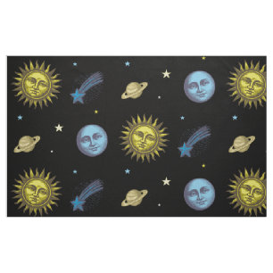 Sun Moon Stars Retro Woodcut Style Celestial Art Fabric