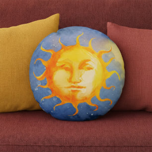  Sun Moon Watercolor Cute Vintage Witchy Celestial Round Cushion