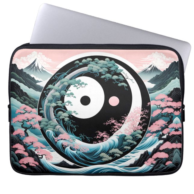 Sun Moon Wave Floral Mountain Pink Sage Teal Laptop Sleeve (Front)