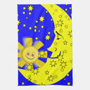 Sun Moon Yellow Stars Blue Kitchen Hand Towel