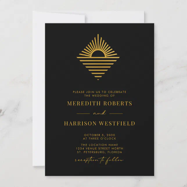 Sun Ocean QR Code RSVP Gold on Black Wedding Invitation | Zazzle