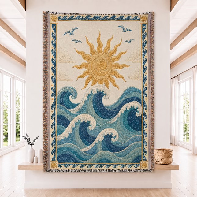 Sun Ocean Wave Woven Throw Blanket (Creator Uploaded)