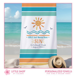 Sun Ocean Waves Girls Week Personalised Beach Towel