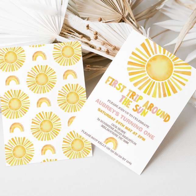 Sun Orange First Trip Around the Sun 1st Birthday Invitation (Girls First Trip Around The Sun 1st Birthday Invitation Template, Sun Rainbow First Birthday Invite)